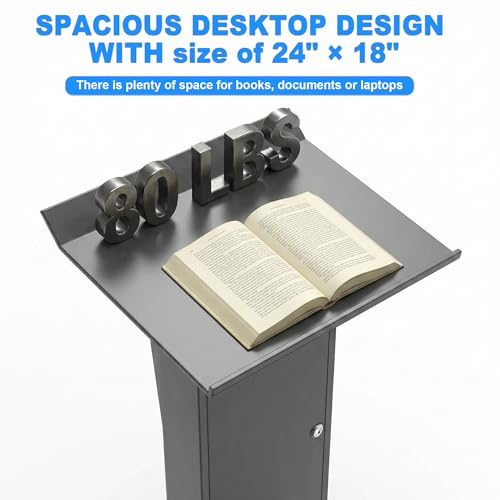 Metal Podium Stand with Wheels, 50.4"Heavy-Duty Mobile Metal Lectern with Storage Cabinets, Portable Pulpit for Church, School, Office and Conference - color: Black-01