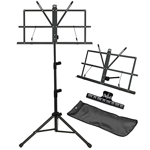 IRONTREE Sheet Music Stand with Clamp and Carrying Bag - 2 in 1 Dual-Use Desktop Book Stand, Portable and Lightweight, Designed for Kids to Carry Around (Black)
