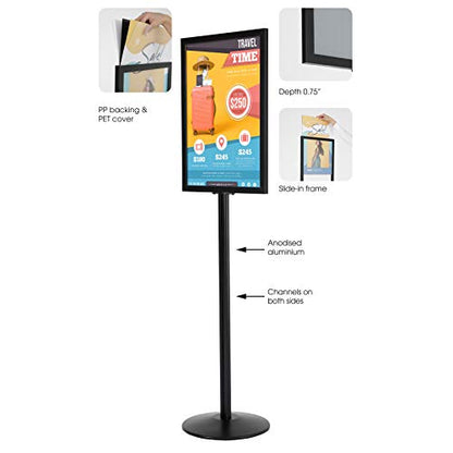 M&T Displays Sign Holder Stand, Black 18x24 Inch Poster Frame Double Sided Slide-In Aluminum Easy Loading Floor Standing Pedestal Advertisement Post Commercial Menu Holder Round Heavyweight Base - color: Black