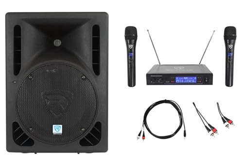 Rockville Bundle: RPG10BT V2 10" Powered 600W DJ PA Speaker Bundle with RWM1203VH VHF Wireless Dual Handheld Mic, 10' Dual RCA to Dual RCA Pro Audio Cable & 10' TRS to Dual RCA Cable (4 Items)