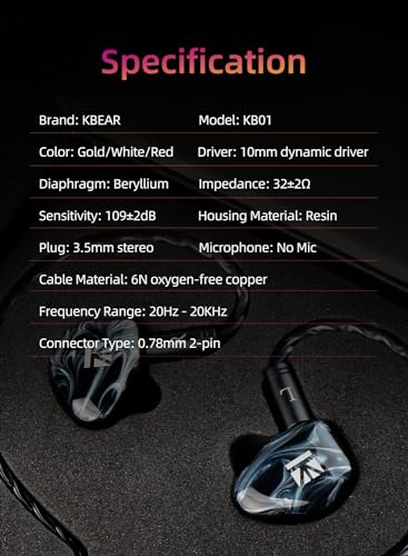 KBEAR KB01 in Ear Monitor, 10mm Beryllium Diaphragm Dynamic Driver IEMs, HiFi Gaming Earbuds with Clarity Sound 3D-Printed Resin Shell, 6N OFC 2PIN Cable for Musicians Audio Engineers Singers (Gold) - color: Gold