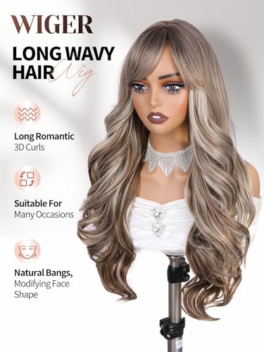 WIGER Long Brown Mixed Blonde Curly Wig With Bangs, Ombre Brown Highlight Blonde Synthetic Wigs, Layered Romantic Wavy Hair for Women Daily Party Use - color: Brown Mixed Blonde