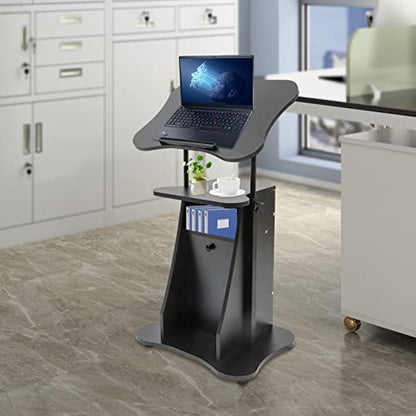 Mobile Laptop Podium, Height Adjustable Sit to Stand Desk with Tilting Desktop & Storage Cabinet, Ergonomic Rolling Lectern Cart Laptop Desk, Office Podium Stand on Wheels (1 Set: with Sliding Door)