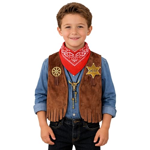 Kids Cowboy Costume - Western Dress Up Outfit for Boys Girls 3-10Y | 4pc costume & accessories set with cowboy vest, bandana, badge & bolo tie, for Halloween, career day & birthday pretend play - size: 6-7T Height 45.28" - 49.21"