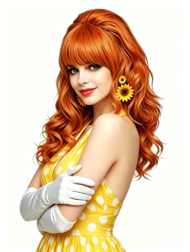 Rugelyss Long Wavy Orange Red Wig with Bang Big Bouffant Beehive Wigs for Women fits 60s 70s 80s Costume or Halloween Party - color: Orange