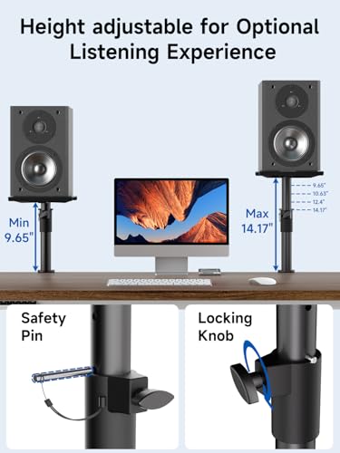 suptek Clamp-on Speaker Stand Desk Mount Set, Height Adjustment, Swivel, 9.6 x 8.8 inch Trays, Universal Audio Holders for Bookshelf Speakers, Elevated Sound, Against the Wall, 2 Pack, Black, SDM001K - size: Speaker Stands Against the Wall