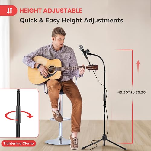 Pyle Tripod Mic Stand, Adjustable Gooseneck Microphone Stand, Sturdy Build, Non-Slip Rubber Feet, Folds Flat for Compact Storage, Includes Mic Clip & 5/8" Adapter, 52.36" to 79.13" Inch