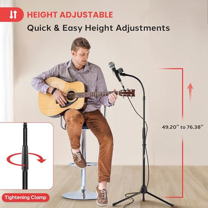 Pyle Tripod Mic Stand, Adjustable Gooseneck Microphone Stand, Sturdy Build, Non-Slip Rubber Feet, Folds Flat for Compact Storage, Includes Mic Clip & 5/8" Adapter, 52.36" to 79.13" Inch