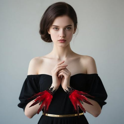 2Pcs Witch Feather Shawl Wrist Cuff for Women | Gothic Crow Shrug Shawl, for Halloween, Feather Costume Accessories - color: Red