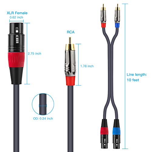 JOLGOO XLR to RCA Cable, XLR Female to RCA Male, 2 to 2, 4N OFC Wire, Amplifier, Mixer, Microphone, 10 Feet - size: 10 Feet, style: Dual XLR Female to Dual RCA Male