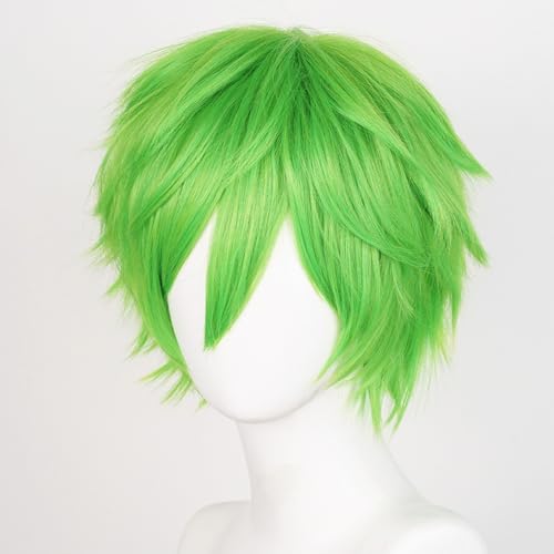 LABEAUTÉ Short Green Anime Cosplay Wig Male Men Anime Layered Unisex Heat Resistant Hair Wig with Bangs for Party and Halloween for Gift + Free Cap - color: Green