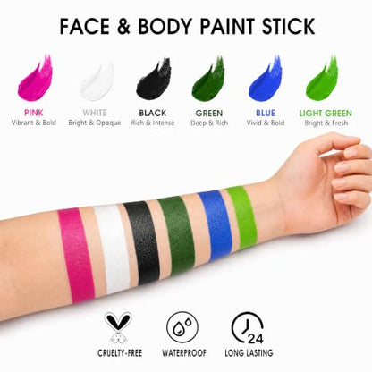 SUNNYVALE 6pcs of Black, White, Blue, Pink, Green And Light Green Facial and Body Painting Sticks, Hypoallergenic Foundation, Suitable for Skull Gothic, Gothic Vampire, Cosplay Halloween Makeup Kit - color: White Black Blue Pink Green LightGreen