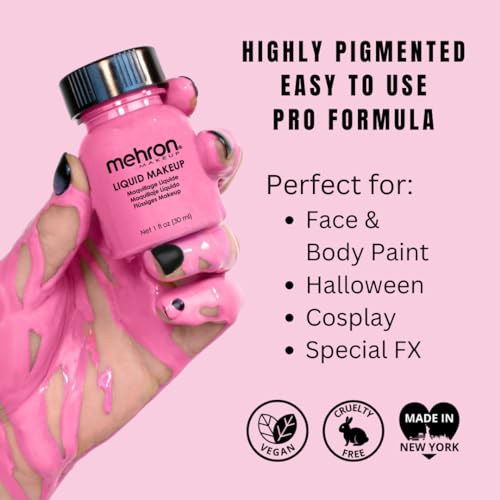 Mehron Makeup Liquid Makeup - PINK, Face & Body Paint | 1 Fl oz Water-Based Face Paint & Body Paint Perfect for Halloween & Cosplay. Air Brush Compatible. Vegan & Made in the USA. - color: Pink