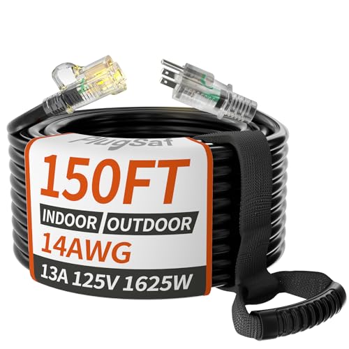 PlugSaf 14/3 Gauge 150 FT Extension Cord Outdoor, Heavy Duty Extension Cord - color: Black, size: 150FT