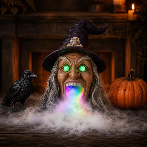 Wicked Witch Head Halloween Statue with Mist Maker, Add Water Smoking Prop with LED Green Eyes, Hand-Painted Faux Marble Resin Spooky Entryway Centerpiece - color: Witch Fog Light Decor