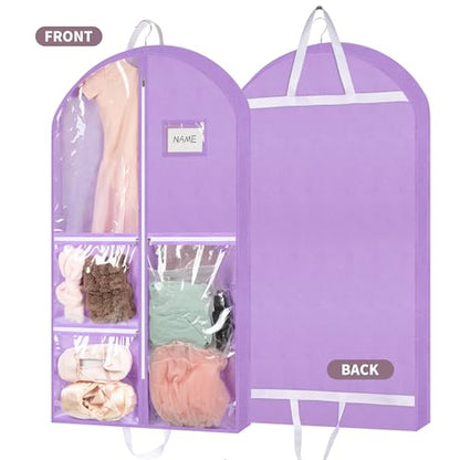 Linodes Dance Costume Bags Garment Bag 40'' for Dance Travel/Competition Storage with 4 Medium Clear Zipper Pockets and 1 Large Back Zipper Pocket-Fabric & PVC (Purple-Fabric & PVC, 40''- 6 Pack)