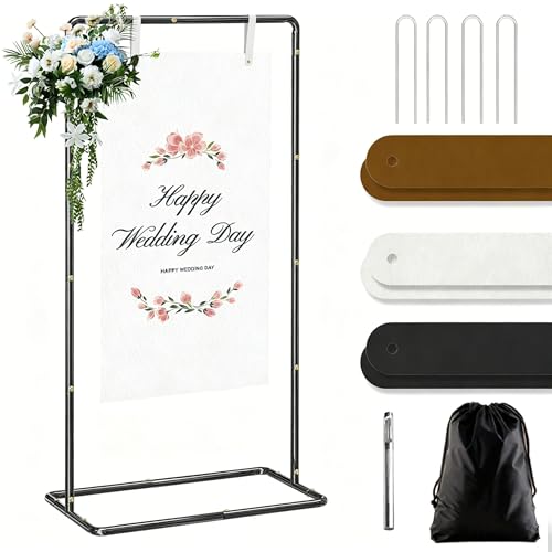 Blcak Wedding Sign Holder Adjustable Welcome to Our Wedding Sign Stand 68”x31”x 20”,Heavy Duty Easel Stand for Sign Include 6 Sign Hanging Straps &1 Storage Bag&Ground Stakes for Signs and Posters - color: black