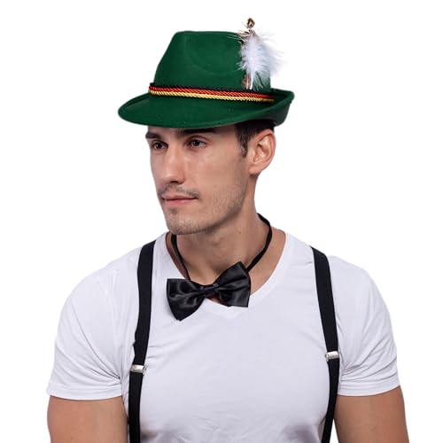 Spooktacular Creations Oktoberfest Hats, 2 PCS German Oktoberfest Costume Accessories Set, Green Gray Felt Fedora Retro Hats for Adults Bavarian Alpine Halloween Dress Up, RolePlay Party - color: Green+gray