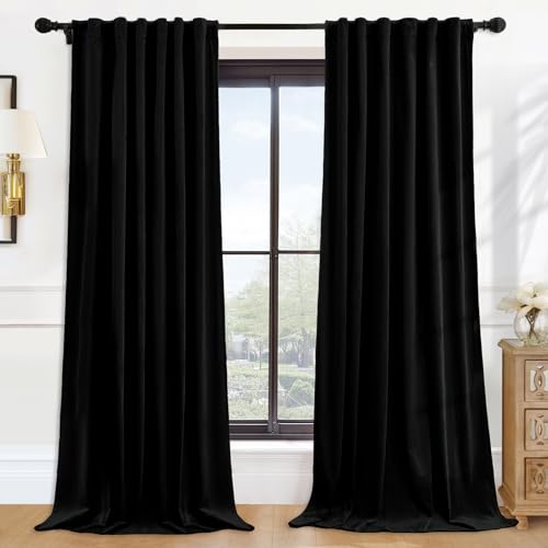 P Pothuiny Black Blackout Velvet Curtains 96 Inches Long 2 Panels - color: Black, size: 52"W x 96"L (Pack of 2)