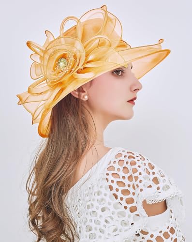 Women Derby Fascinator Hat Organza Church Wedding Hats Wide Brim Cocktail Tea Party Hat - color: 08 Orange