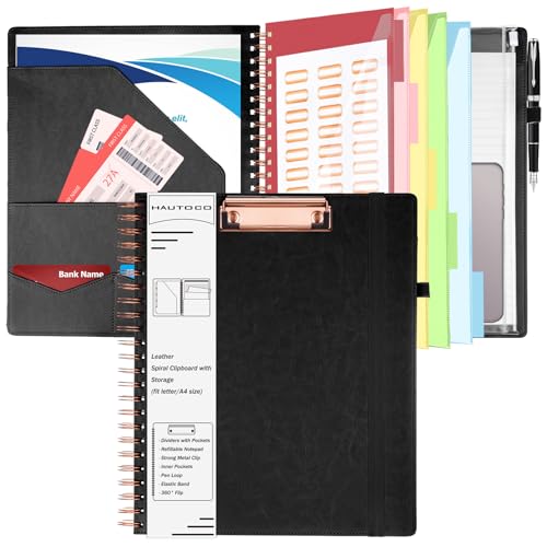 HAUTOCO Spiral Leather Clipboard Folio with Notepad (8.5 x 11''), 5 Folders with 10 Pockets, Storage Zipper Pouch, Pen Loop, 39 Stickers, Padfolio Organizer for Work School, Black - color: Black