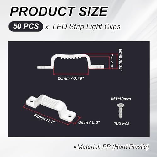 PATIKIL LED Strip Light Clips, 50 Pack Mounting Bracket Soft Fixing Clips Clamp Holders with Screws for 20mm Wide 3528/5050 Neon RGB Light Cable Ribbon, Transparent - size: 20 mm