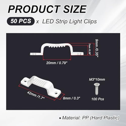 PATIKIL LED Strip Light Clips, 50 Pack Mounting Bracket Soft Fixing Clips Clamp Holders with Screws for 20mm Wide 3528/5050 Neon RGB Light Cable Ribbon, Transparent - size: 20 mm