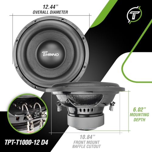 Timpano 12 Inch Subwoofer D4 1200 Watts Max Power Dual 4 Ohm, Subwoofer Car Audio 12 Inch 14 mm Xmax, TPT-T1000-12 D4, 2.4 in Voice Coil, Deep Low Tones Sub Woofer for Car Audio Systems (Single)