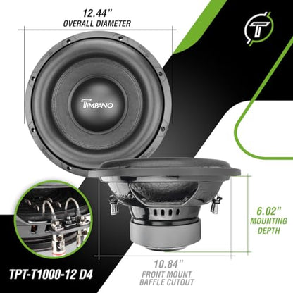 Timpano 12 Inch Subwoofer D4 1200 Watts Max Power Dual 4 Ohm, Subwoofer Car Audio 12 Inch 14 mm Xmax, TPT-T1000-12 D4, 2.4 in Voice Coil, Deep Low Tones Sub Woofer for Car Audio Systems (Single)