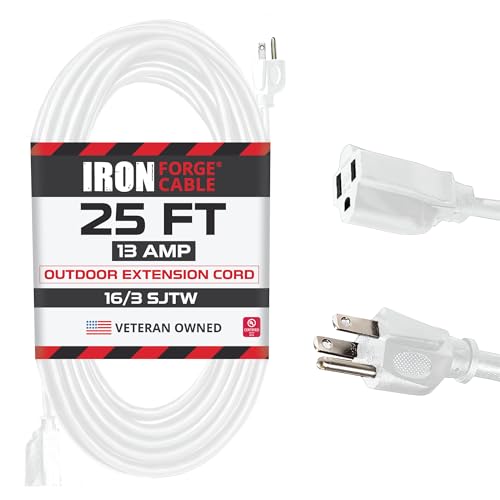 Iron Forge Cable 16 Gauge Heavy Duty White Extension Cord, 25 Ft - SJTW | 16/3 SJTW Cable, 3 Prong Grounded Plug, 13 Amp - For Landscaping, Leaf Blowers, Lights, Appliances - size: 25 Foot