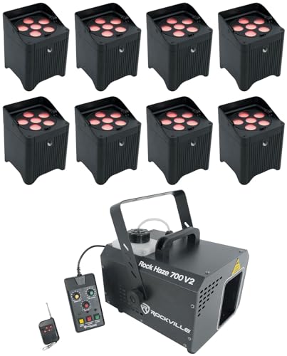 Audiosavings Bundle: (8) Chauvet DJ Freedom Par T6 Wireless Rechargeable RGB LED DMX Par Wash Up-light Bundle with Rockville ROCKHAZE 700 CFM DMX Haze Machine Water Based DJ/Club Hazer+Remote (9Items)