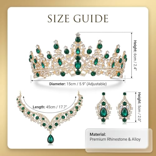 Tiaras Crowns for Women,Wedding Jewelry Set, Tiaras Necklace Earrings Crystal Bridal Wedding Jewelry Sets for Brides Bridesmaid Prom Costume Accessories - color: Gold Green