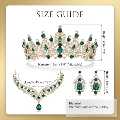Tiaras Crowns for Women,Wedding Jewelry Set, Tiaras Necklace Earrings Crystal Bridal Wedding Jewelry Sets for Brides Bridesmaid Prom Costume Accessories - color: Gold Green