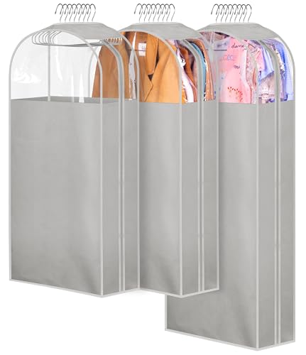 MISSLO 10" Gusseted Garment Bags for Hanging Clothes 40"+50" Clear Suit Bags for Closet Storage Dress Bag for Gowns Long Coat Protector, 3 Packs, Grey - color: Grey, size: 40+50 inch