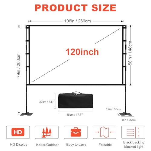 Upgrade Projector Screen Heavy-Duty Stand 120 inch Portable Projection Screen 16:9 4K HD Front Projections Movies Screen with Carry Bag for Indoor Outdoor Home Theater Backyard Cinema Travel