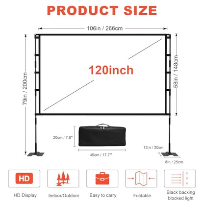 Upgrade Projector Screen Heavy-Duty Stand 120 inch Portable Projection Screen 16:9 4K HD Front Projections Movies Screen with Carry Bag for Indoor Outdoor Home Theater Backyard Cinema Travel