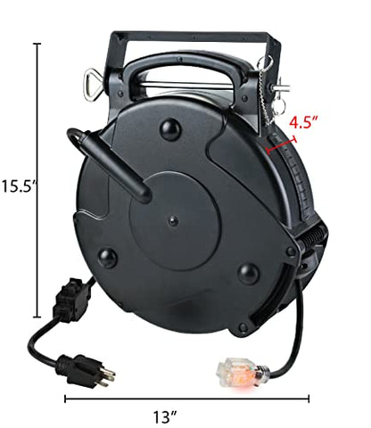 Alert ProReel Professional Grade ProReel 8645TFI Heavy Duty Retractable Extension Cord Reel | 45 Foot 12/3 SJTOW 20 Amp Single Tap Industrial Cord | Clear 5-15R/20R Receptacle with Power On Indicator