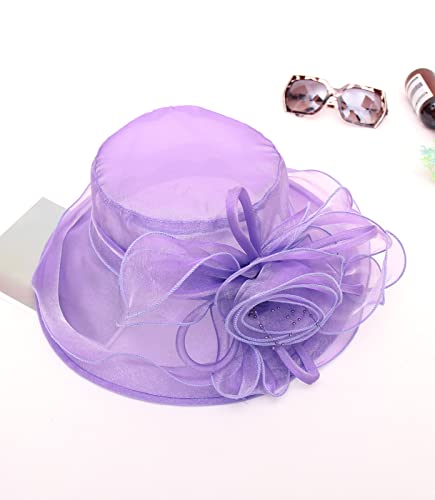 Women Derby Fascinator Hat Organza Church Wedding Hats Wide Brim Cocktail Tea Party Hat - color: 08 Purple