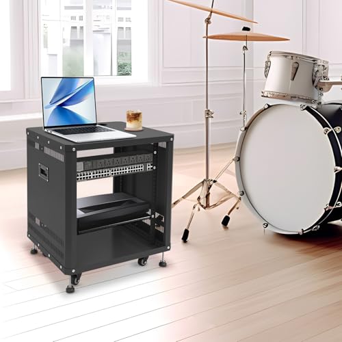 12U Professional AV Rack Stand, Rolling Equipment Cabinet with Locking Wheels for Live Sound, Studio, DJ, Carbon Steel Frame with Ventilation and Cable Ports, Network & Stereo Rack (Black) - color: Black