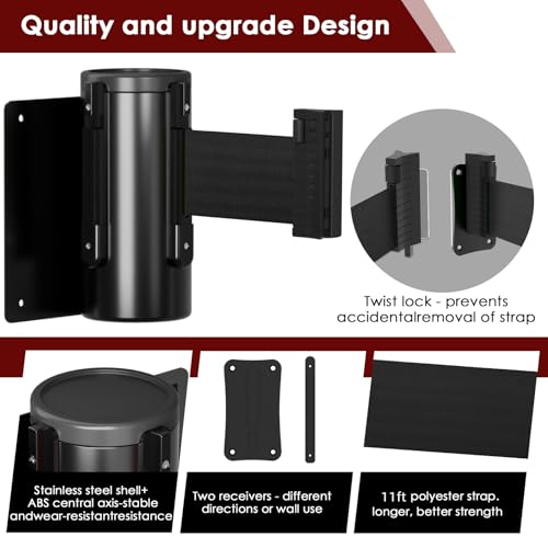 kaiyomi 11 Feet Retractable Belt Barriers Fixed Wall Mount (Black Belt) | Crowd Control Barriers with Black Steel Case, Stainless Steel Spring Expansion Belt - color: Black, size: 11 Feet Upgraded