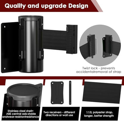 kaiyomi 11 Feet Retractable Belt Barriers Fixed Wall Mount (Black Belt) | Crowd Control Barriers with Black Steel Case, Stainless Steel Spring Expansion Belt - color: Black, size: 11 Feet Upgraded