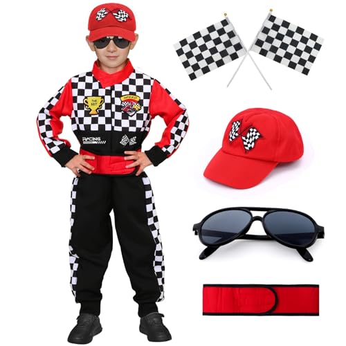 Latocos Kids Race Car Driver Costume Boys Girls Racer Jumpsuit With Car Cap Sunglasses Kids Dress Up Role Play for Halloween - color: Red, size: S(5-7)