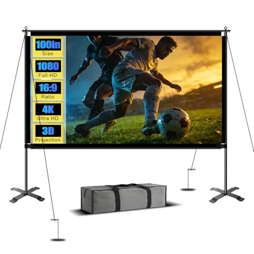 100inch Projector Screen with Stand, Large Projection Screen with Carry Bag | Portable, Outdoor, Indoor, Wrinkle-Free, Easy Setup, White Screen, Backyard, Movie Night, Camping, Home Theater, 16:9, 4K, 3D - color: White screen