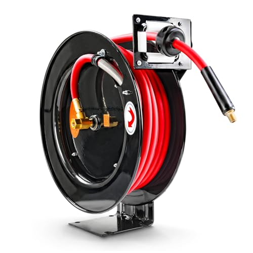 ReelWorks Air Hose Reel 3/8" Inch x 50' Foot SBR Rubber Hose Max 300PSI Commercial Steel Construction | Corrosion Resistant Powder Coating, Commercial Frame Supports Garage Air Service