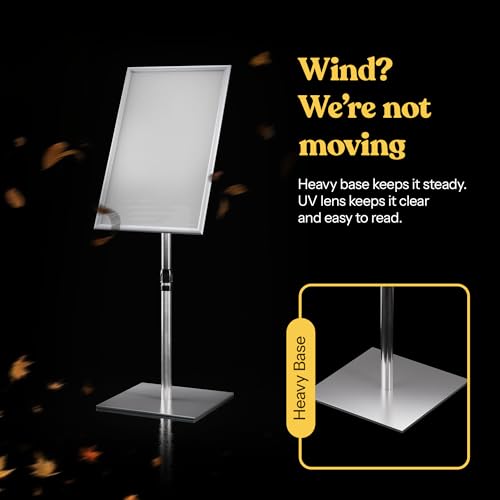 T-SIGN 31.5 to 48 Inch Pedestal Sign Holder - Adjustable Floor Sign Stand for 11x17 Displays, Heavy Duty Outdoor Sign Holder with Square Base for Restaurants, Retail, Trade Shows, and Events (Silver) - size: 11 X 17 Inches, Silver