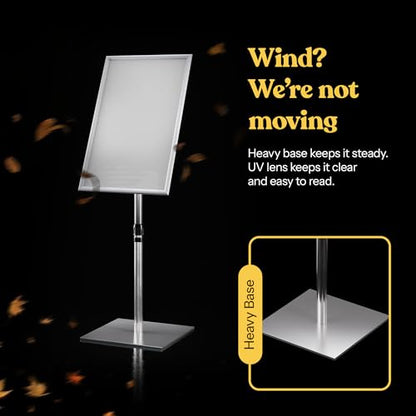 T-SIGN 31.5 to 48 Inch Pedestal Sign Holder - Adjustable Floor Sign Stand for 11x17 Displays, Heavy Duty Outdoor Sign Holder with Square Base for Restaurants, Retail, Trade Shows, and Events (Silver) - size: 11 X 17 Inches, Silver