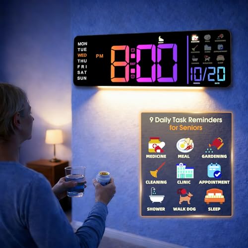 Hoifen Clock with Day and Date for Seniors, 16"" Large Display Digital Calendar Dementia Wall Clock for Memory Loss with Time Periods & Task Reminders, Remote Control, Night Light, Auto Dim & DST - color: Clock-sr-rgb