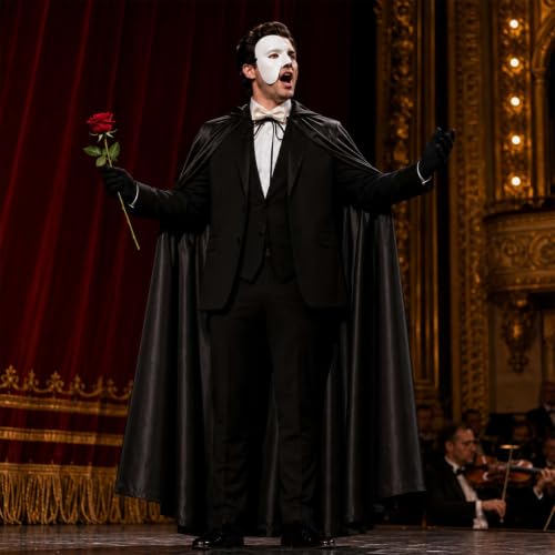 5 Pcs Opera Costume Set with Black Cape White Mask Bow Tie Gloves and Red Rose for Adult Halloween Cosplay Funny Party Dress up Accessories