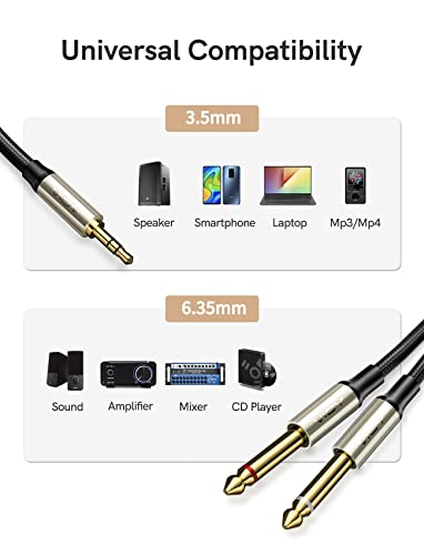 VIOY 1/8 to 1/4 Stereo Cable 6 FT, 3.5mm TRS Male to Dual 6.35mm TS Male | lossless Hi-Fi audio,Brass shell, silver-plated core dual shielding, braided stereo cable for mixer, player and stereo system - size: 6 ft, style: Y-split: 22 cm