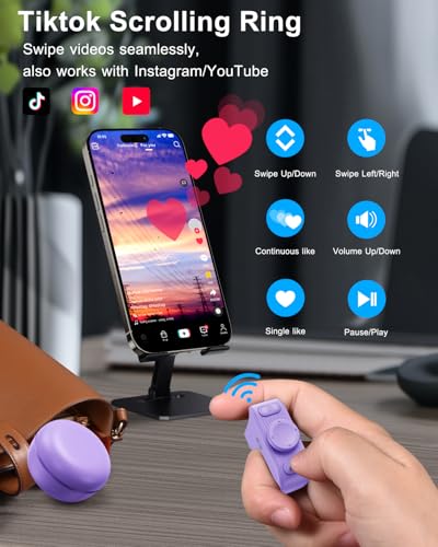[New Upgrade, Easy to Use] TikTok Scrolling Ring Remote Control, Camera Shutter Remote, Wireless Bluetooth Scrolling Ring for iPhone, iPad, iOS, Android - Light Purple - color: Light Purple